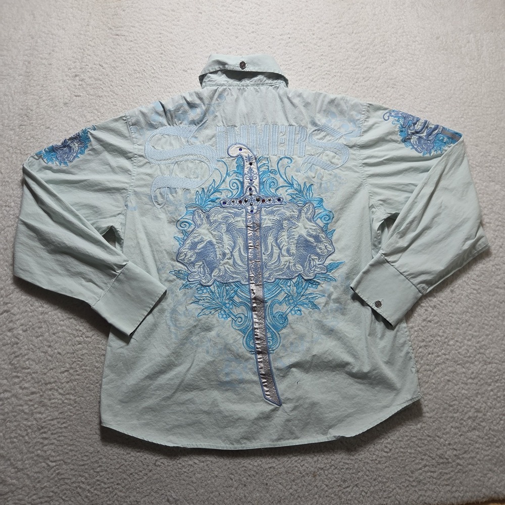 Sinners Born Button Up Shirt Embroidered Cross Mens Size Large Long Sleeve Goth